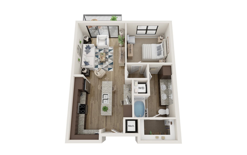 A1 - 1 bedroom floorplan layout with 1 bath and 707 square feet. (Without Yard)