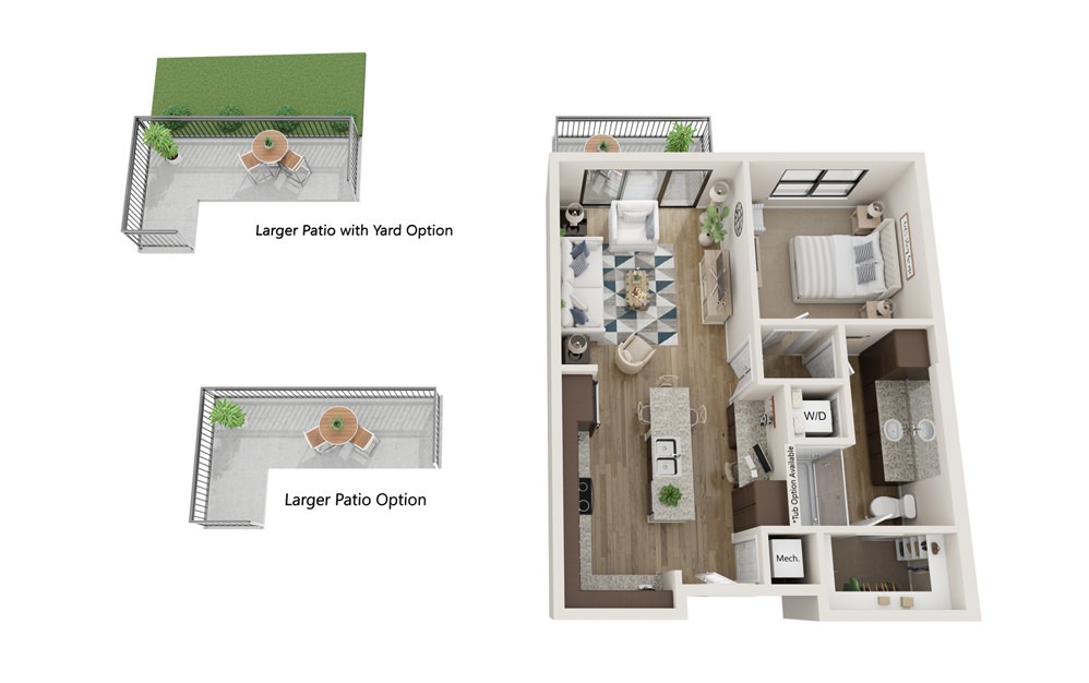 A1 - 1 bedroom floorplan layout with 1 bath and 707 square feet. (With Yard)