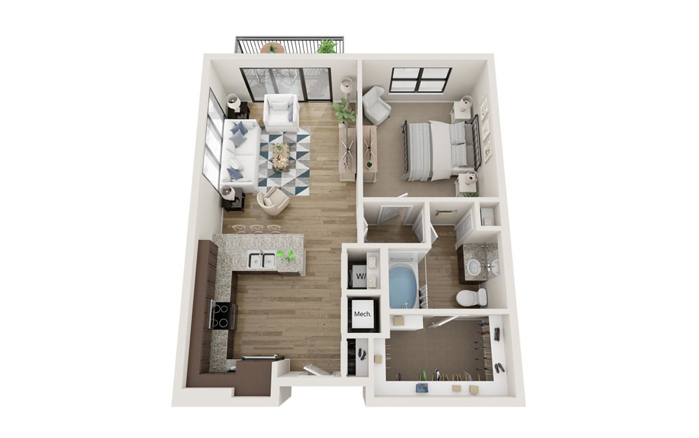A2 - 1 bedroom floorplan layout with 1 bath and 779 square feet. (Without Yard)