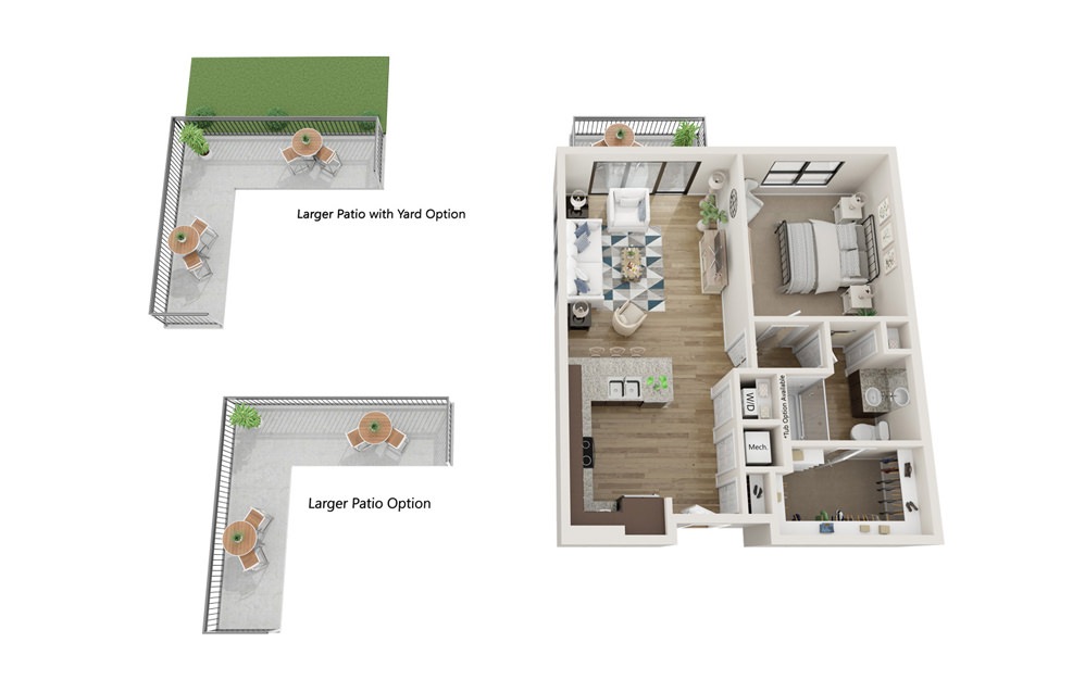 A2 - 1 bedroom floorplan layout with 1 bath and 779 square feet. (With Yard)