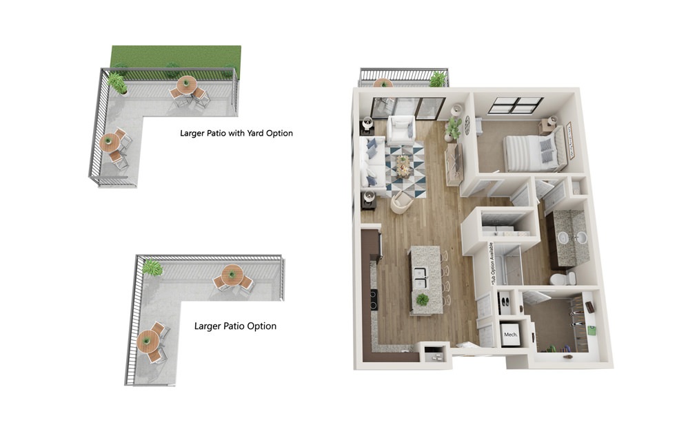 A3 - 1 bedroom floorplan layout with 1 bath and 823 square feet. (With Yard)