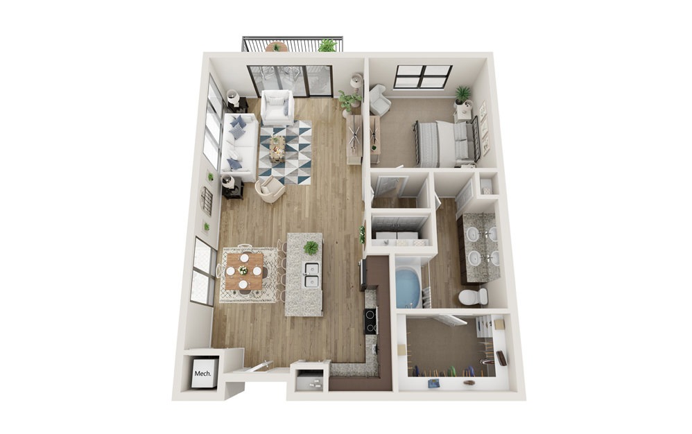 The Carroll - 1 bedroom floorplan layout with 1 bath and 900 square feet. (Without Yard)
