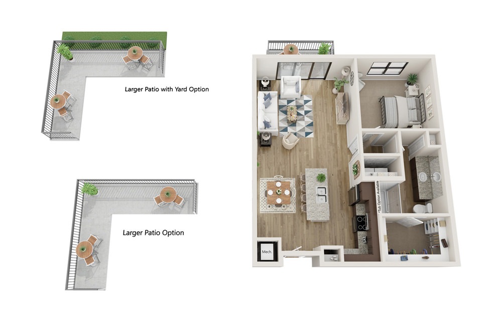 The Carroll - 1 bedroom floorplan layout with 1 bath and 900 square feet. (With Yard)