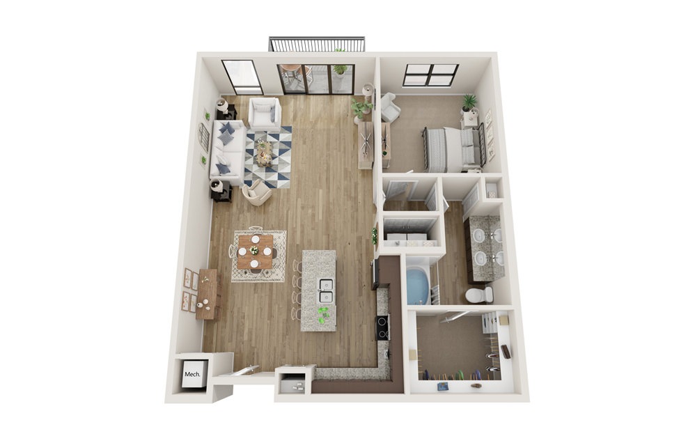 The Christal - 1 bedroom floorplan layout with 1 bath and 1075 square feet. (Without Yard)