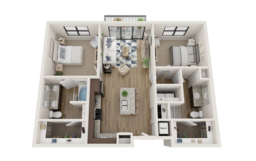 B1 - 2 bedroom floorplan layout with 2 baths and 979 square feet. (Without Yard)