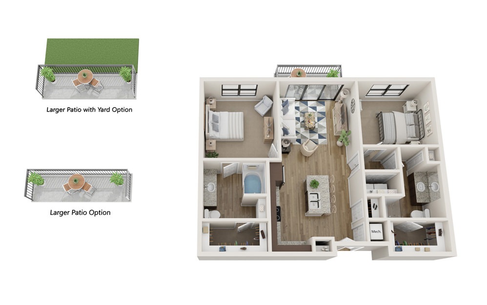 B1 - 2 bedroom floorplan layout with 2 baths and 979 square feet. (With Yard)