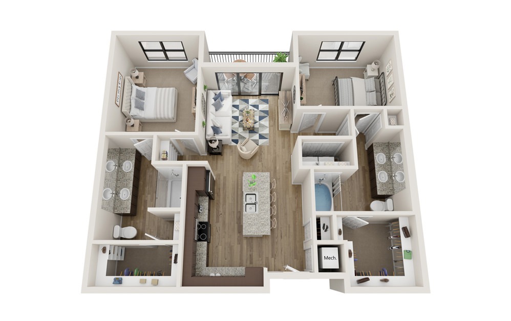 B2 - 2 bedroom floorplan layout with 2 baths and 1077 square feet. (Without Yard)