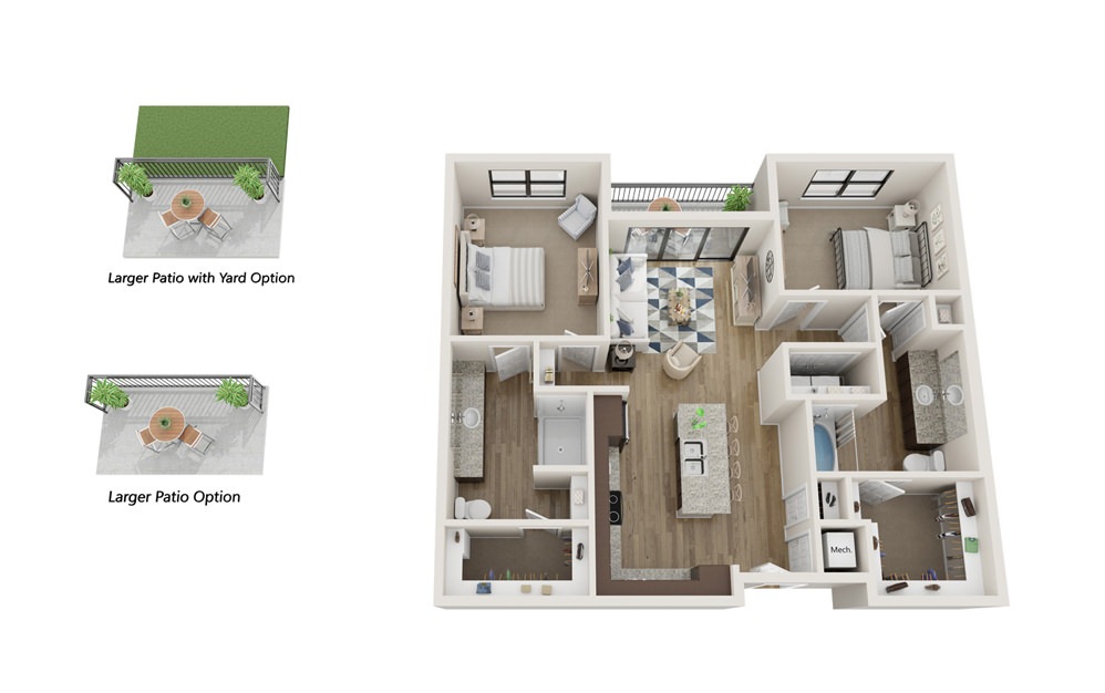 B2 - 2 bedroom floorplan layout with 2 baths and 1077 square feet. (With Yard)