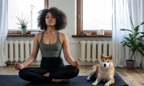 woman and dog doing yoga on mat in apartment